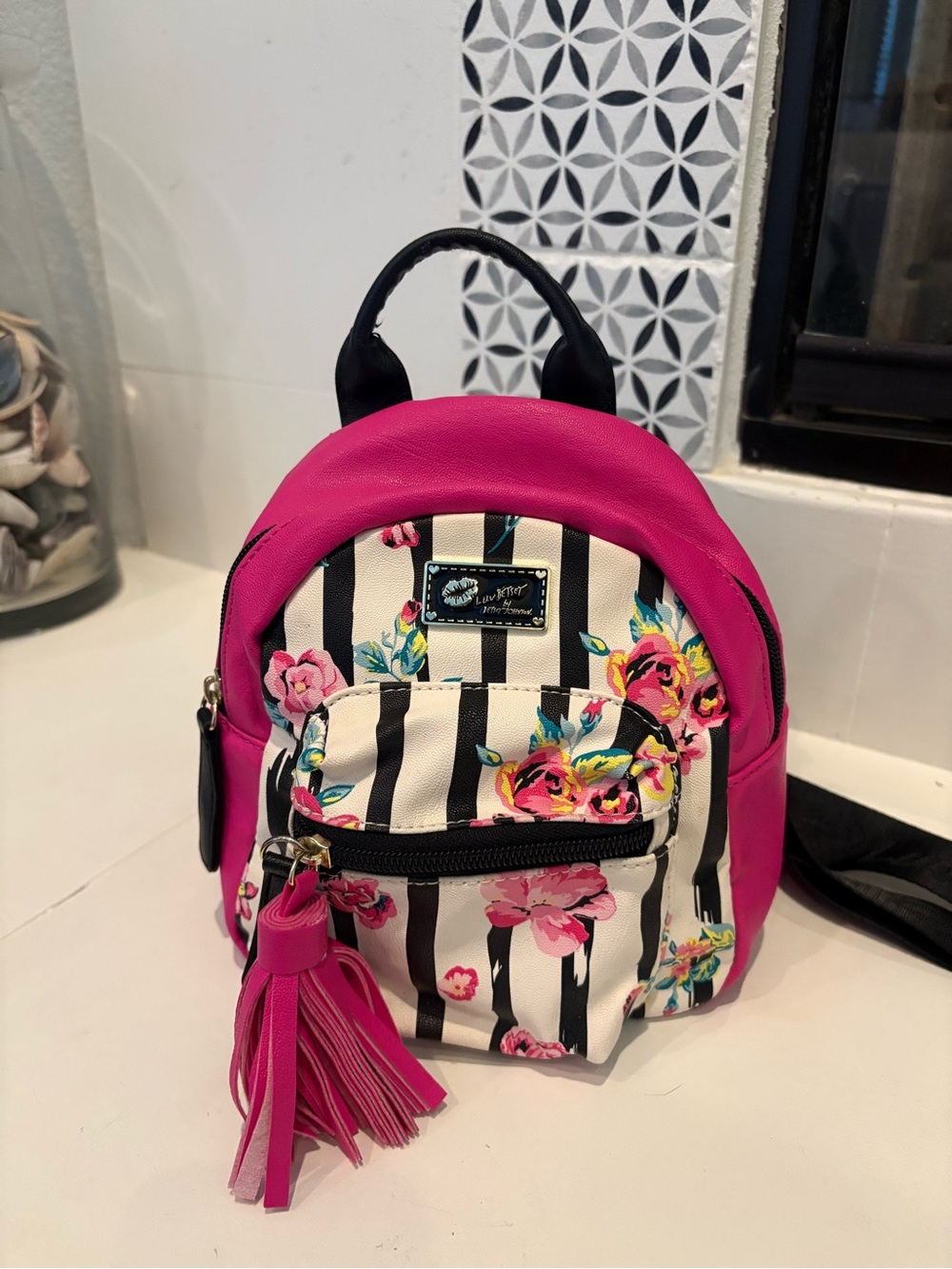 Betsy Johnson Luv Floral Stripe Mini Backpack – Hot Pink Accent